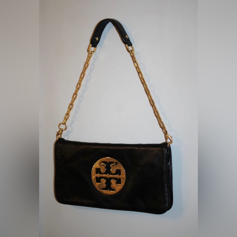 Tory Burch Black Leather Reva Clutch with Gold Chain Strap